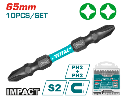 Total PH2+PH2, 10PCS 65mm Impact Screwdriver Bits Set - TACIM16PH233