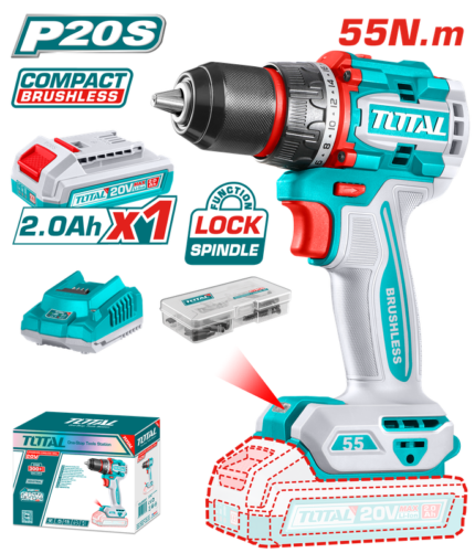 TOTAL 20V Brushless Cordless Drill with 2-Speed Gear, 55Nm Torque, LED Work Light, and 47-Piece Accessory Kit- TDLI205582