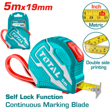Total 5m x 19mm Self-Locking Measuring Tape with Metric & Inch Scale - TMT126251