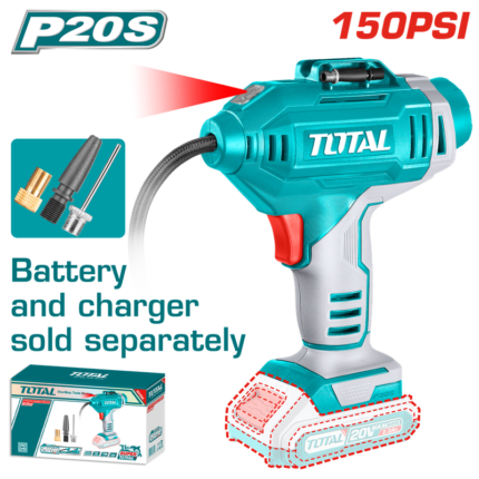 Total 20V Cordless Portable Air Compressor with LED Light & 3 Adaptors - TACLI2018