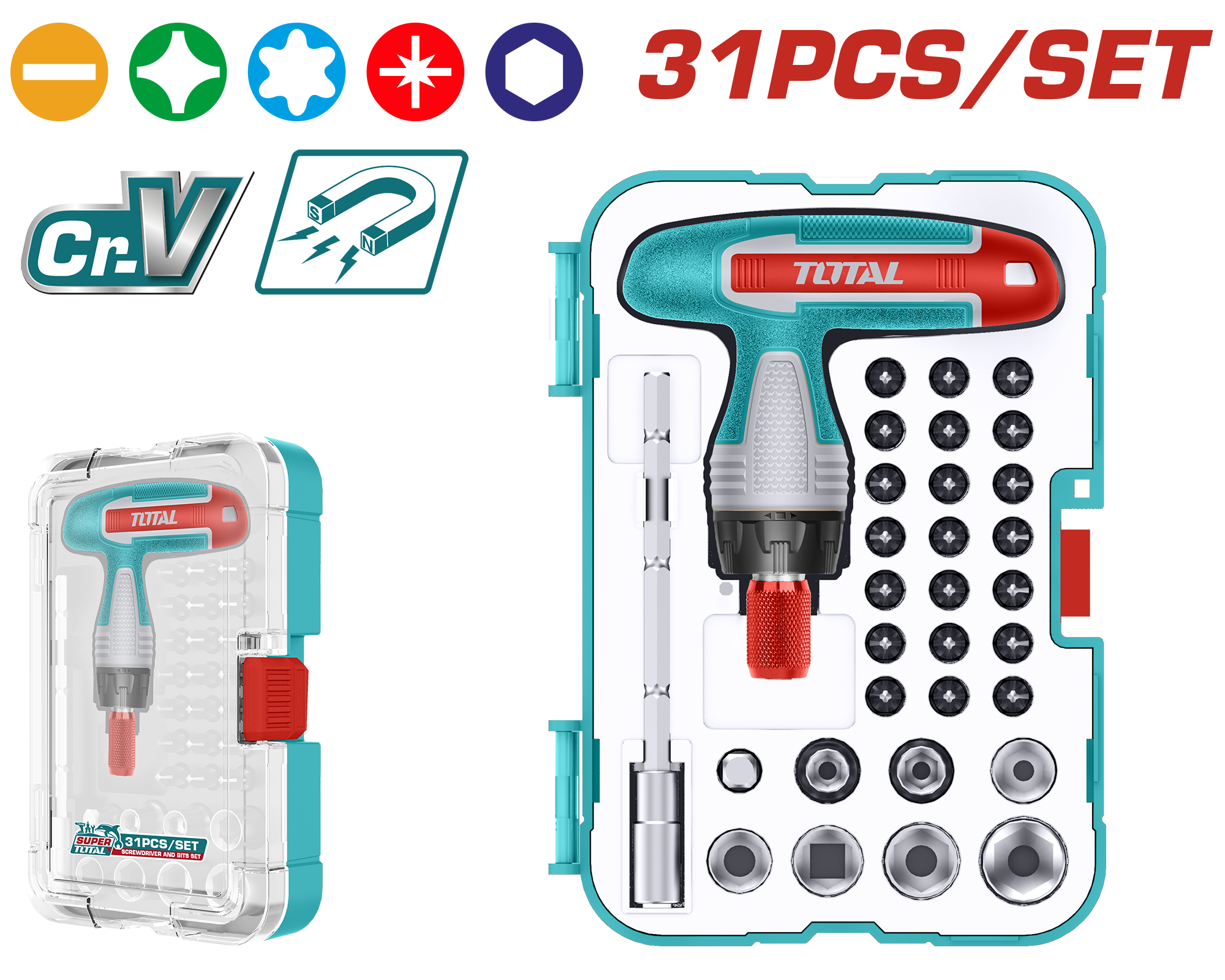 5057190255 Total 31PCS T-Handle Ratchet Screwdriver & Socket Set –TACSD30316 - Image 1