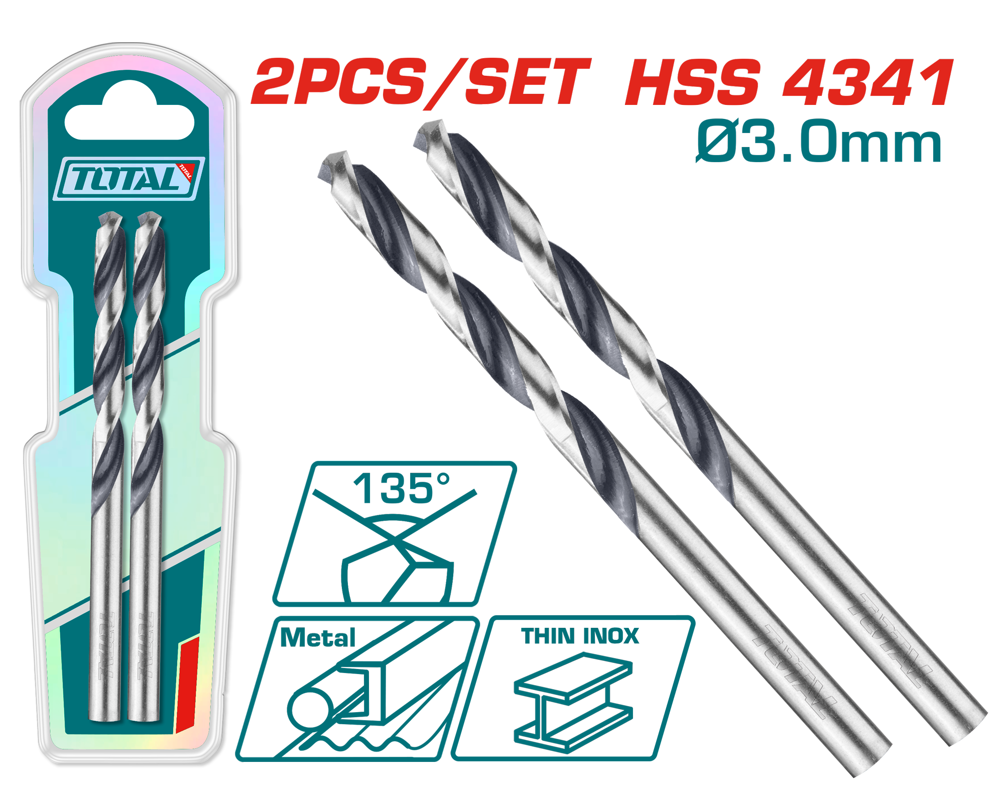 5091477458 Total HSS 4341 Twist Drill Bit Set – 3mm, 2pcs (TAC1200034) - Image 1