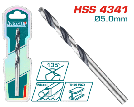 Total 5mm HSS 4341 Drill Bit with 135° Tip Double Blister Pack-TAC1200504