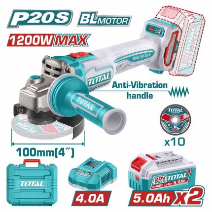 TOTAL TAGLI2120232 20V Brushless Cordless Angle Grinder – 1200W | 3-Speed | Dual 5.0Ah Batteries | 100mm Disc - TAGLI2120232