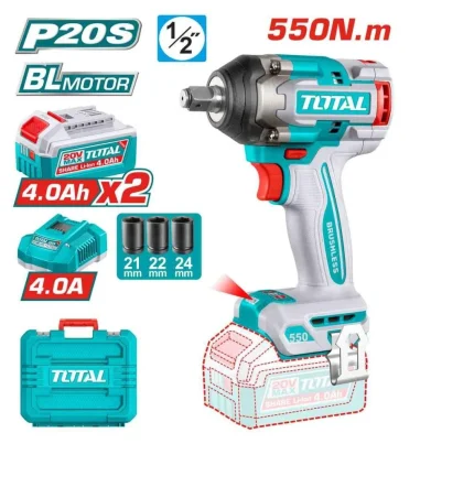 TOTAL TIWLI2055 20V Brushless Impact Wrench – 1/2" Drive | 550Nm | Dual 4.0Ah Batteries TIWLI2055