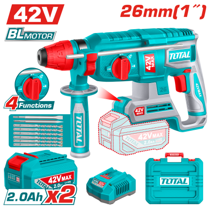 TOTAL 42V Brushless Cordless Rotary Hammer Kit – SDS Plus -  TRHLI422682