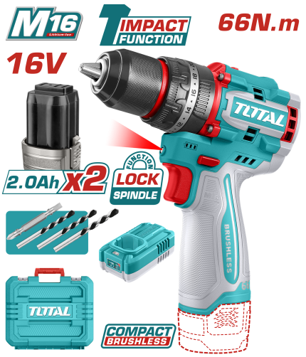 TOTAL 16V Compact Brushless Cordless Drill Driver with Impact – 66Nm Power - TIDLI166062