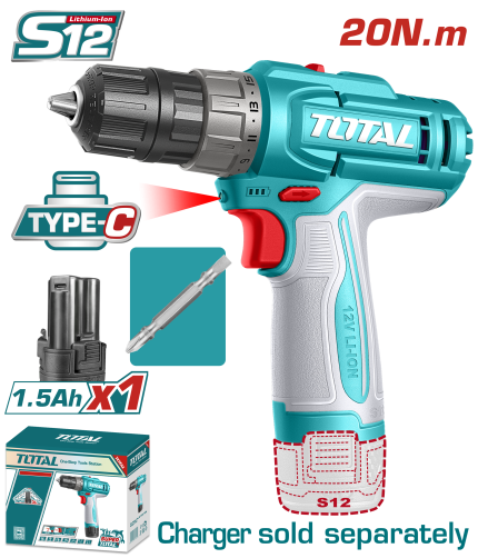 TOTAL  12V Cordless Drill Driver – 20Nm Torque, 2-Speed, USB-C Charging - TDLI122061
