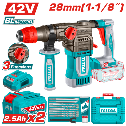TOTAL 42V Brushless Cordless Rotary Hammer – 4.5J SDS Plus Kit - TRHLI422882