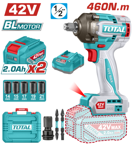 TOTAL  42V Brushless Cordless Impact Wrench – 600Nm Nut-Busting Torque - TIWLI42462