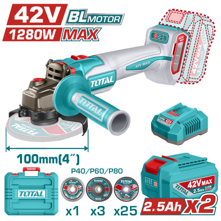 TOTAL  42V Brushless Cordless Angle Grinder Kit with Dual Batteries - TAGLI4128102
