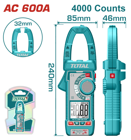 Total Digital Clamp Meter – TRMS 4000 Counts, AC/DC Voltage & Current, NCV, Flashlight, Auto Power Off- TMT766001