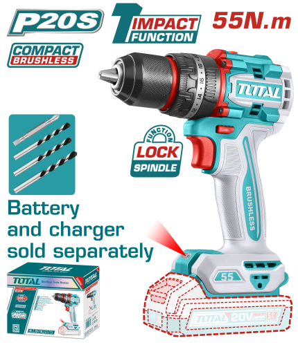 Total 20V Brushless Cordless Impact Drill – 2-Speed, 55Nm Torque, 13mm Chuck- TIDLI205581