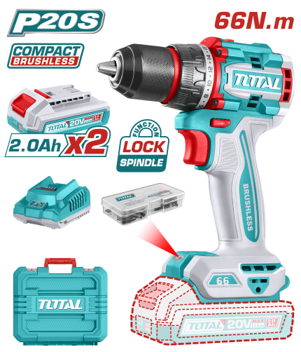 Total 20V Compact Brushless Drill with Dual Battery & Kit-TDLI20668