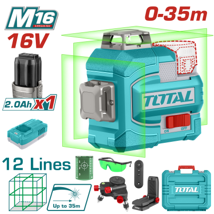 Total 3D Laser Level – 16V, Green Beam, Full Accessories- TLL301201