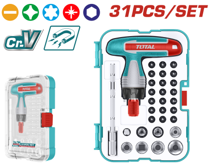 Total 31PCS T-Handle Ratchet Screwdriver & Socket Set –TACSD30316