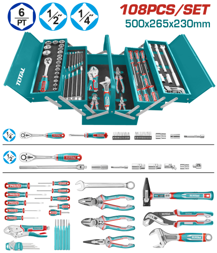 Total 108 Pcs Tool Chest Set with Ratchets, Sockets, Screwdrivers & More- THTCS121081