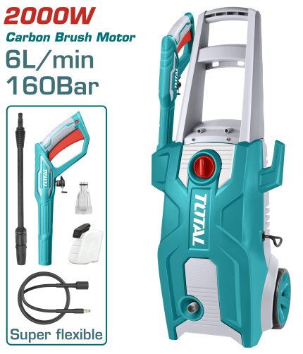 TOTAL High Pressure Washer – 2000W, 160 Bar (2320 PSI), Auto-Stop System, 6.0 L/min Flow Rate, Includes Spray Gun, 5m Hose & Soap Bottle-TGT11376