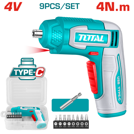 TOTAL 4V Cordless Screwdriver – 240 RPM, 4N·m Torque, Integrated Work Light, 1/4" Hex Shank, Includes 8 Cr-V Bits, Holder & Connector, USB-C Charging-TSDLI0458