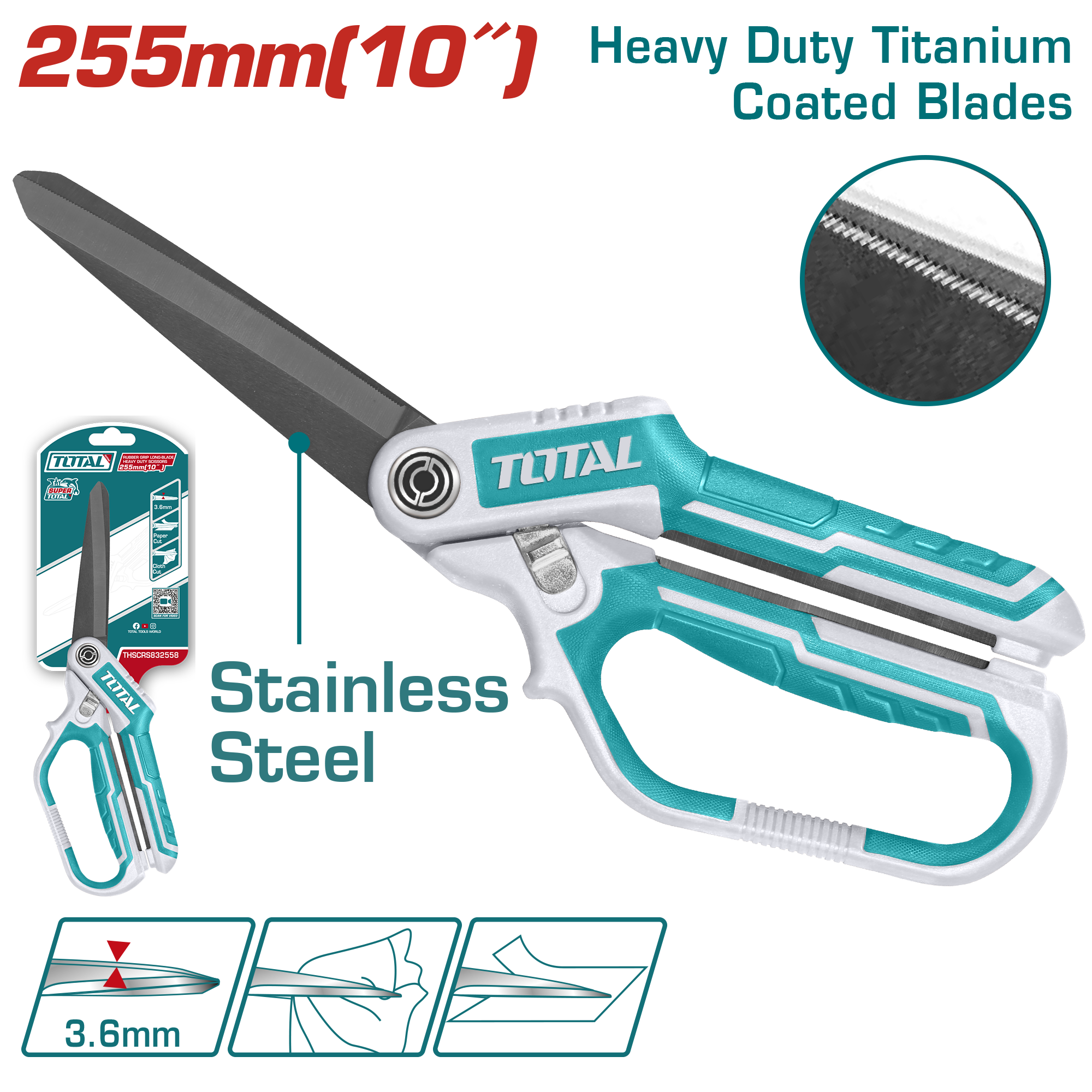 5433407482 TOTAL Heavy Duty Long-Blade Titanium Scissors 255mm (10”) – THSCRS832558 - Image 1