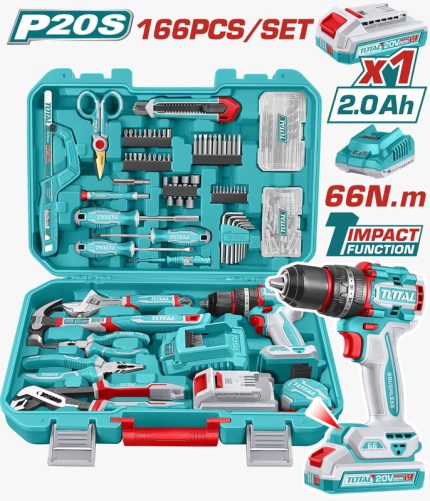 TOTAL 166 Pcs Professional Tool Kit with 20V Cordless Impact Drill & Carrying Case – THKTHP41667