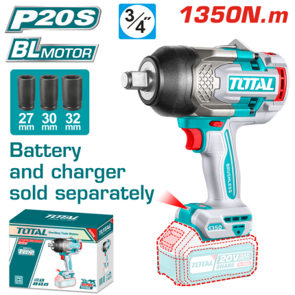 TOTAL  20V Brushless Cordless Impact Wrench – 3/4" Drive | 1900Nm Nut-Busting Torque - TIWLI201351