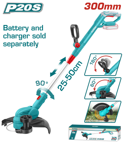 Total  20V Cordless Grass Trimmer – 300mm Cutting Diameter, 8200RPM, In-line Wheel Edging - TGTLI20328