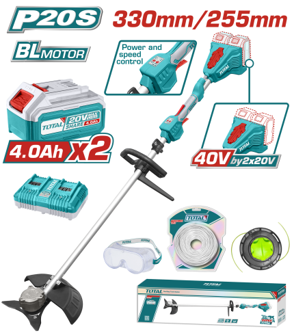 TOTAL  40V Cordless Brushless String Trimmer & Brush Cutter Kit (Dual Battery | 330mm Cutting | Complete Accessories) - TSTLI200285