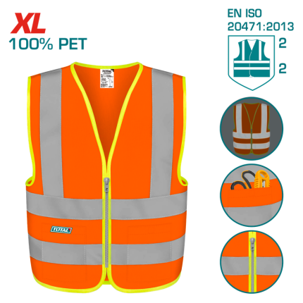 TOTAL Reflective Safety Vest – XL, Fluorescent Orange, EN471 Class 2 - TSP62XL