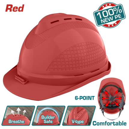 TOTAL  Safety Helmet– Red, 6-Point Suspension with Ratchet Adjustment - TSP8604