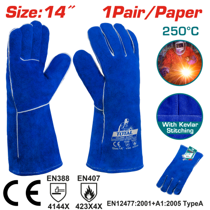 TOTAL  Welding Gloves– 14 Inch, Kevlar Stitched, Blue Leather - TSP15014