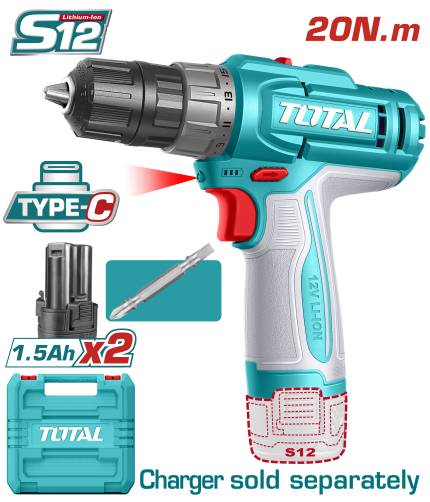 TOTAL  12V Cordless Drill Driver – 20Nm, 2-Speed, Dual 1.5Ah Batteries, Carry Case - TDLI12206