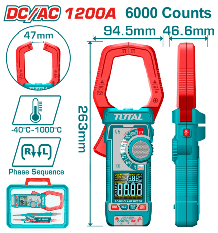 TOTAL Digital Clamp Meter TRMS 6000 Counts, 1200A AC/DC, VA Color Display-TMT7610002