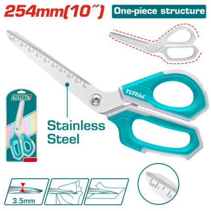 TOTAL 10" Heavy Duty Multi-Purpose Scissors – Stainless Steel Blade with Serrated Edge & Ruler Markings | Model THSCRS25088