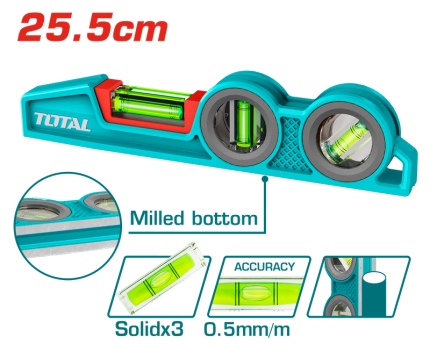 TOTAL Heavy-Duty Mason’s Level 255mm, 0.5mm/m Accuracy, Cast Aluminum Body-TMT921306