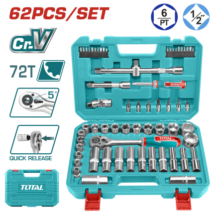 TOTAL 62PCS 1/2? Socket Set, Cr-V Steel, 72T Ratchet, Complete Kit-THT121602