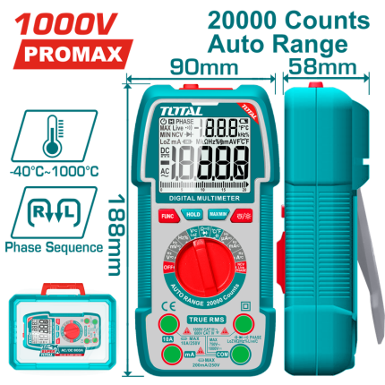 TOTAL Digital Multimeter TRMS 20000 Counts, Auto Range, NCV, Phase Detection-TMT5410003