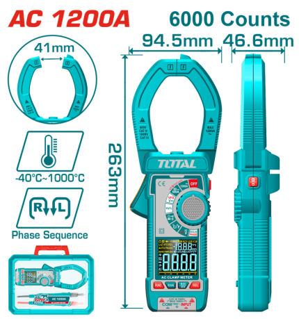 TOTAL Digital AC Clamp Meter TRMS 6000 Counts, 1200A, VA Color Display-TMT7610001
