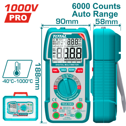 TOTAL Digital Multimeter TRMS 6000 Counts, Auto Range, NCV, High Voltage Alert-TMT5310004
