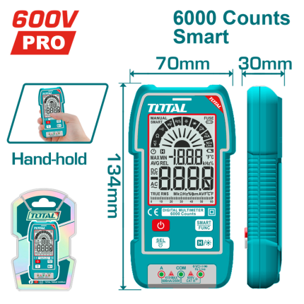 TOTAL Digital Multimeter TRMS 6000 Counts, Smart Function, NCV with LED Indicator-TMT516004