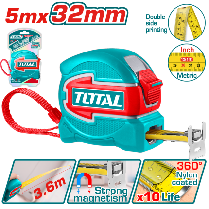 TOTAL Steel Measuring Tape 5m x 32mm, 360° Nylon Coated Blade, Magnetic Hook-TMT80532