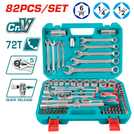 TOTAL 82PCS 1/4? & 1/2? Socket Set, Cr-V Steel, 72T Ratchet, Complete Kit-THT421802