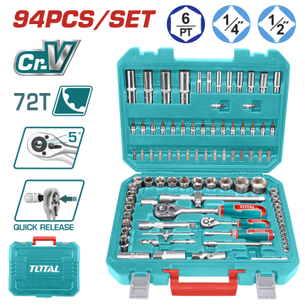 TOTAL 94PCS 1/4? & 1/2? Socket Set, Cr-V Steel, 72T Ratchet, Professional Kit-THT421942