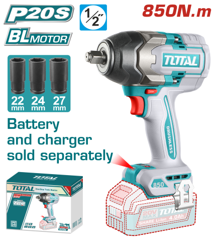 TOTAL TOOLS 20V Brushless Cordless Impact Wrench 850Nm TIWLI20851